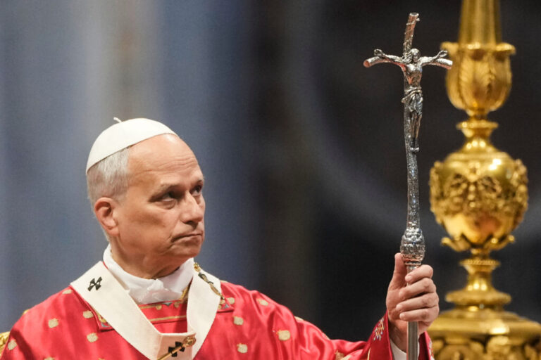 Pope Leo XIV holds the pastoral staff as he celebrates the Pentecost Mass in St. Peter's Basilica, at the Vatican, Sunday, May 24, 2026. (AP Photo/Gregorio Borgia)