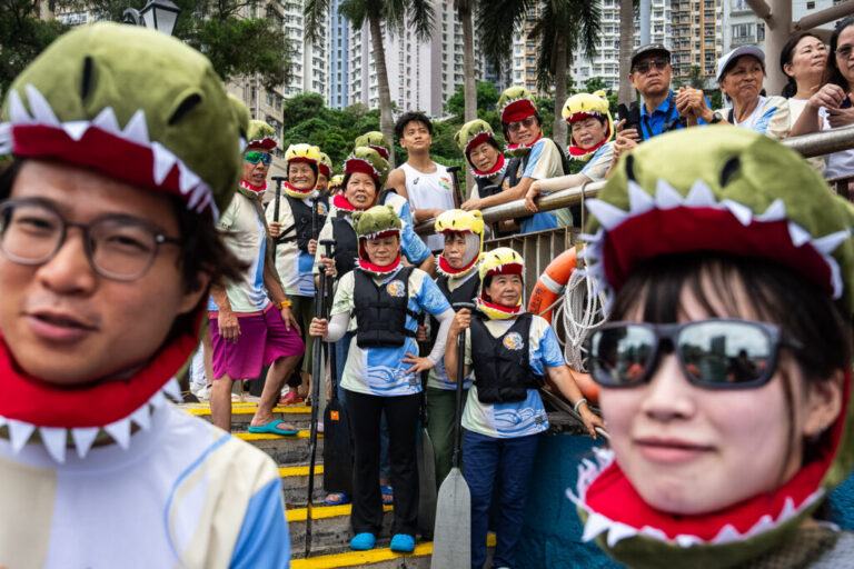 Competitors in costumes take part in the Aberdeen Dragon Boat Race to celebrate the Dragon Boat Festival in Hong Kong, Friday, June 19, 2026. (AP Photo/Chan Long Hei)