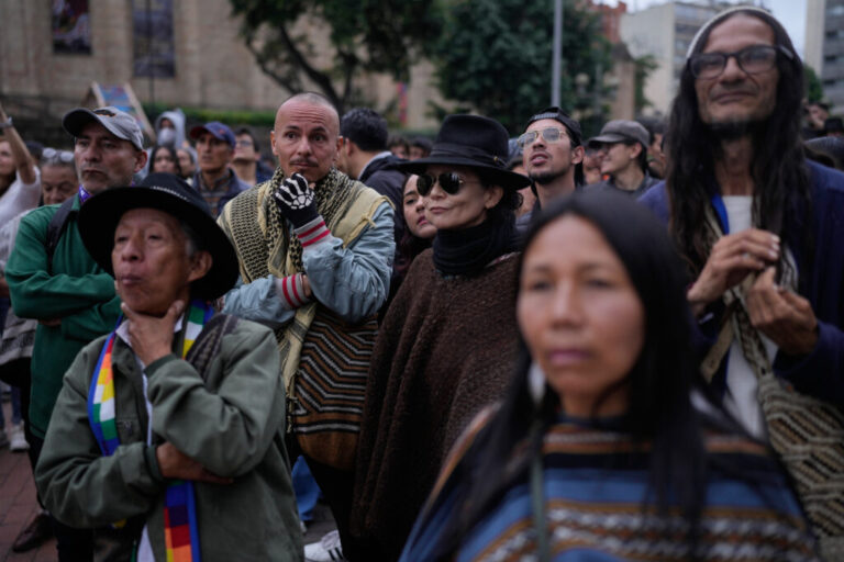 Supporters of presidential candidate Ivan Cepeda of the ruling Historic Pact coalition react as presidential election results are announced in Bogota, Colombia, Sunday, May 31, 2026. (AP Photo/Matias Delacroix)