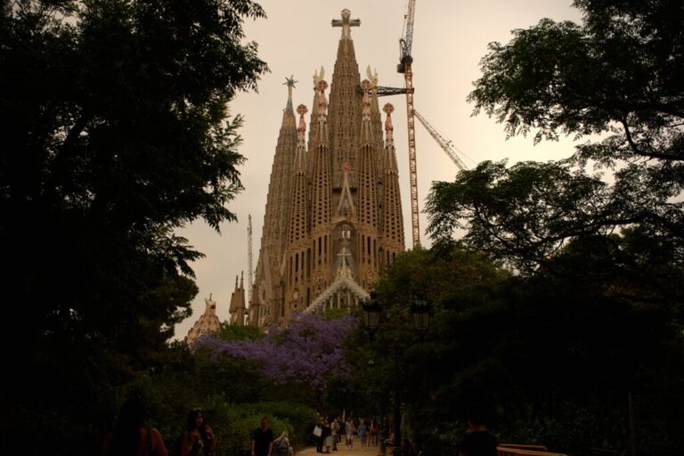 Antoni Gaudí's Basilica of the Sagrada Familia stands in Barcelona, Spain, Sunday, May 31, 2026, as the landmark church prepares for Pope Leo XIV's visit to the city in June. (AP Photo/Emilio Morenatti)