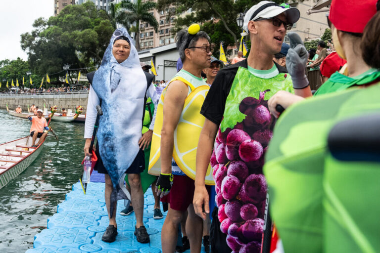 Competitors in costumes take part in the Aberdeen Dragon Boat Race to celebrate the Dragon Boat Festival in Hong Kong, Friday, June 19, 2026. (AP Photo/Chan Long Hei)