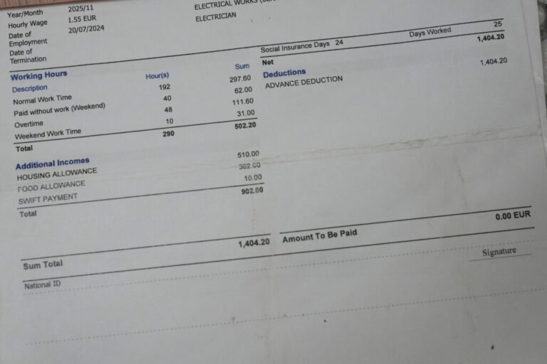 A view of the salary slip of a former Caddell company worker connected to the construction site of the new U.S. Consulate in Milan, Italy, Monday, June 8, 2026. (AP Photo/Antonio Calanni)