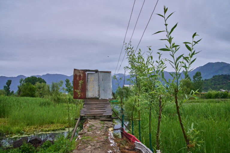A door made of tin sheets stands on a wooden footbridge connecting the interior of Dal Lake to the shore in Srinagar, Indian controlled Kashmir, Monday, May 4, 2026. (AP Photo/Dar Yasin)