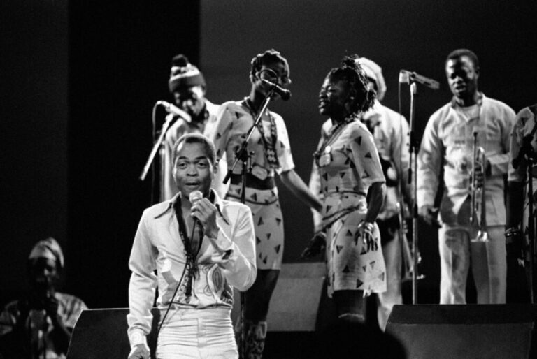 FILE- Nigerian musician and composer Fela Anikulapo Kuti performs with his band at the