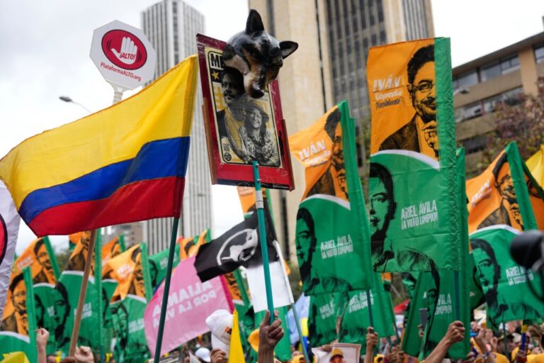 Supporters of Historic Pact coalition presidential candidate Ivan Cepeda attend his campaign rally in Bogota, Colombia, Saturday, June 13, 2026. (AP Photo/Fernando Vergara)