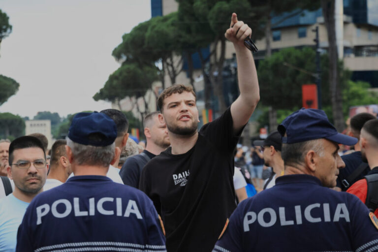Police officers block a street during a demonstration in Tirana, Albania, Wednesday, June 3, 2026, opposing a luxury coastal development project linked to Jared Kushner and Ivanka Trump over concerns about environmental impacts and transparency. (AP Photo/Hameraldi Agolli)