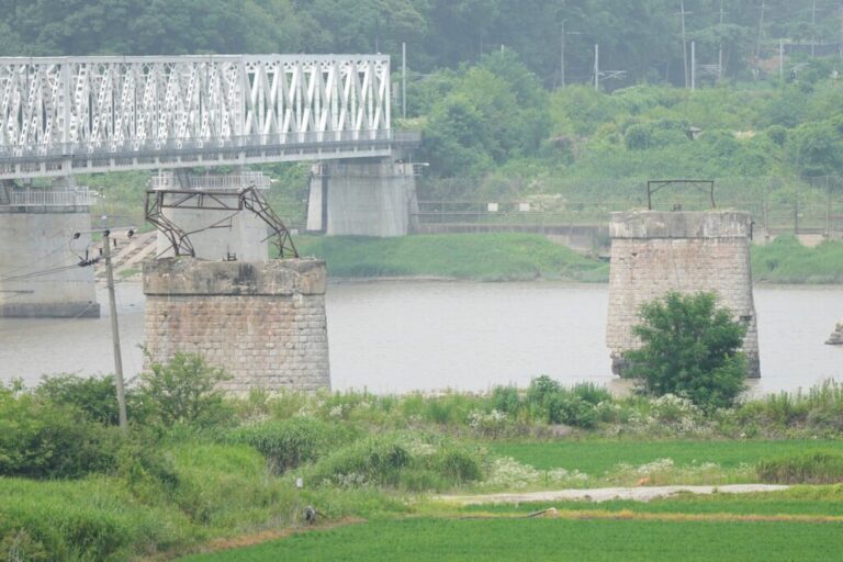 A bridge that was destroyed during the Korean War, is seen in Paju, South Korea, Saturday, July 4, 2026. (AP Photo/Lee Jin-man)