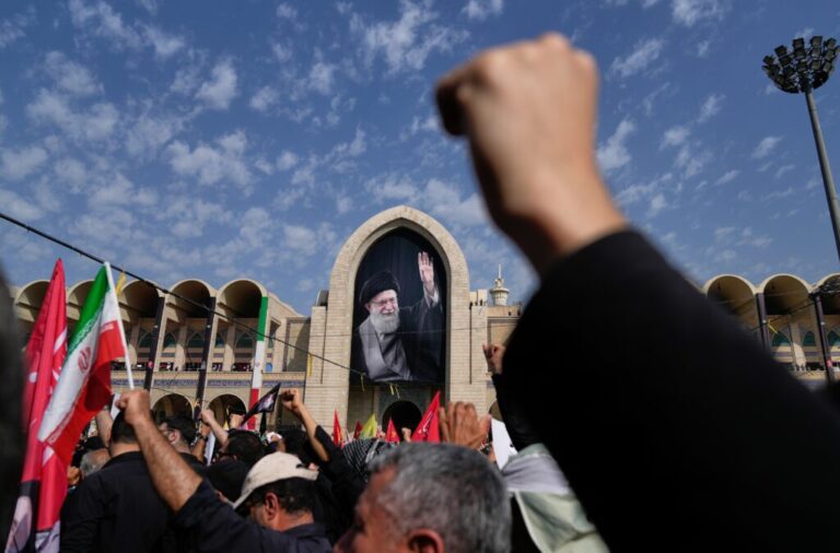 Mourners attend the start of the dayslong funeral ceremonies for slain Iranian Supreme Leader Ayatollah Ali Khamenei and members of his family at the Imam Khomeini Mosalla Grand Mosque in Tehran, Iran, Saturday, July 4, 2026. (AP Photo/Altaf Qadri)
