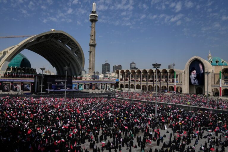 Mourners attend the start of the dayslong funeral ceremonies for slain Iranian Supreme Leader Ayatollah Ali Khamenei and members of his family at the Imam Khomeini Mosalla Grand Mosque in Tehran, Iran, Saturday, July 4, 2026. (AP Photo/Altaf Qadri)