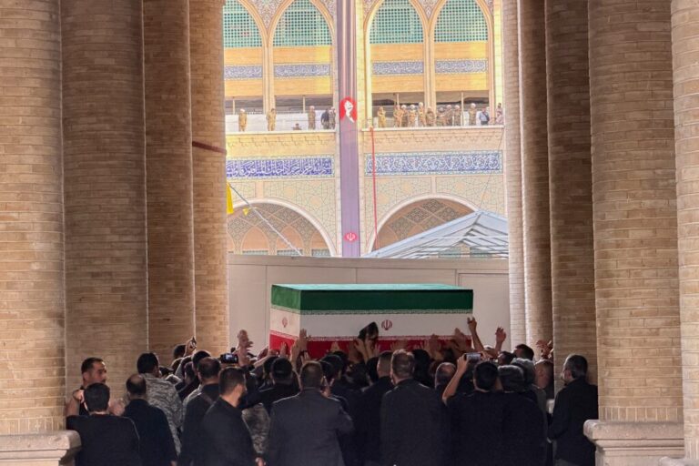The coffin of slain Iranian Supreme Leader Ayatollah Ali Khamenei is carried into the Mosalla Grand Mosque ahead of his funeral ceremonies in Tehran, Iran, Friday, July 3, 2026. (AP Photo/Vahid Salemi)