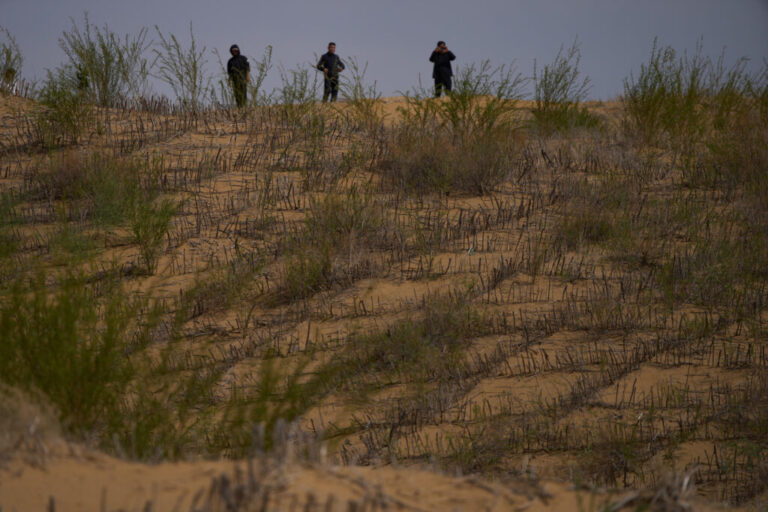 Men stand on top of a sand dune covered by a grass checkerboard that is part of desertification control efforts at the Engebei Ecological Area near Ordos in northern China's Inner Mongolia province on Friday, June 12, 2026. (AP Photo/Ng Han Guan)