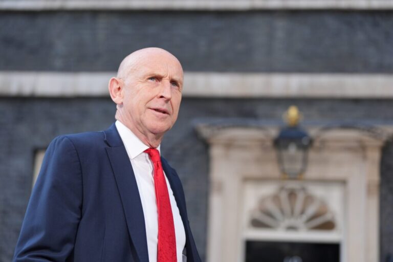 Newly appointed Chancellor of the Exchequer John Healey leaves number 10 Downing Street, as new British Prime Minister Andy Burnham has entered number 10 Downing Street and among his first tasks is the selection of his new Cabinet, in London, Monday July 20, 2026. (Yui Mok/PA via AP)