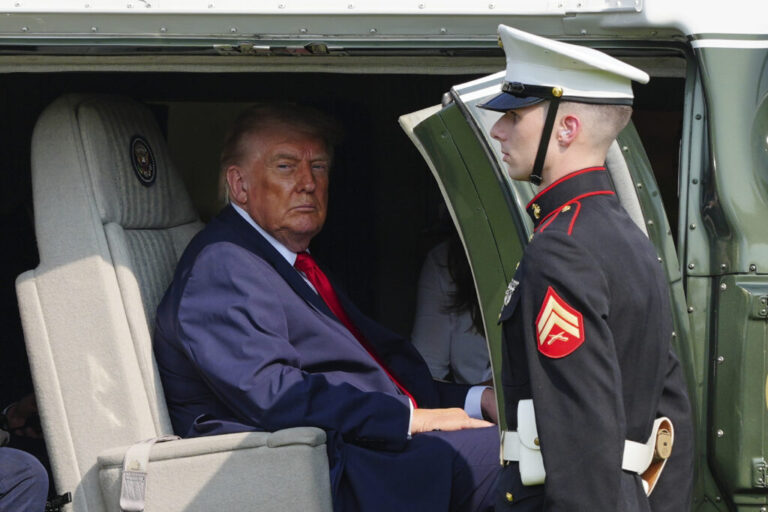 President Donald Trump departs on Marine One after speaking at the United States Army War College in Carlisle, Pa., at the Pennsylvania Defense and Innovation Summit, Wednesday, July 15, 2026. (AP Photo/Julia Demaree Nikhinson)