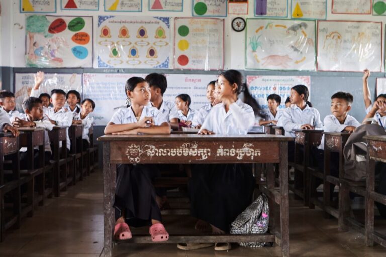 Students in a school in one of the floating villages of Cambodia's Tonle Sap Lake on Monday, June 29, 2026. (AP Photo/Aniruddha Ghosal)