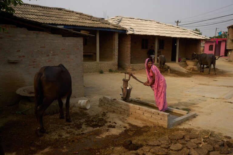 A woman collects water from a well in Gaur, Nepal, on May 19, 2026. (AP Photo/Bram Janssen)