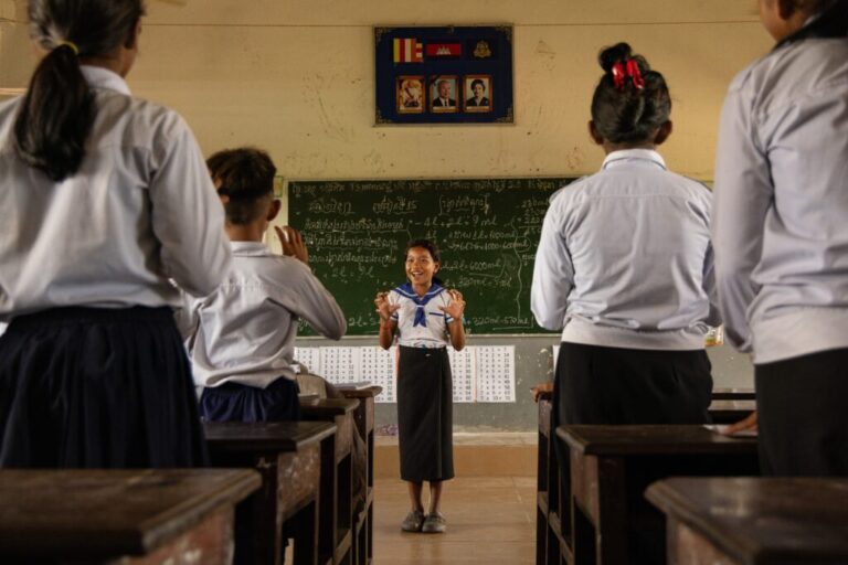 Students participate in a counting exercise at a school in one of the floating villages of Cambodia's Tonle Sap Lake on Monday, June 29, 2026. (AP Photo/Anton L. Delgado)