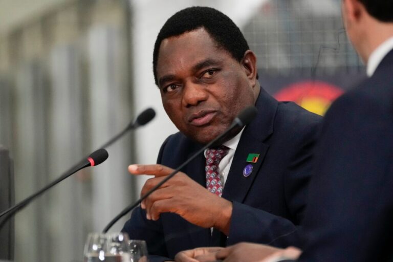 Zambia President Hakainde Hichilema speaks during the Lobito Corridor Trans-Africa Summit at the Carrinho food processing factory near Lobito, Angola, Dec. 4, 2024. (AP Photo/Ben Curtis, File)