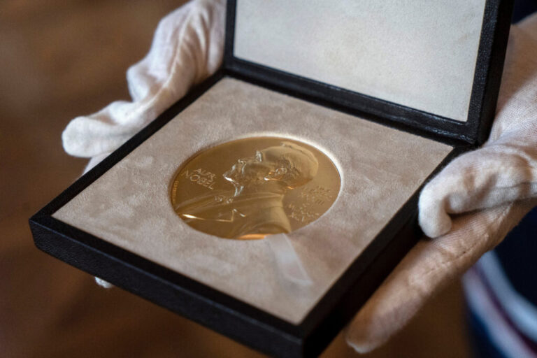 A Nobel medal is seen at the Swedish ambassador's residence in London, Dec. 8, 2020. (Niklas Halle'n/Pool via AP, File)
